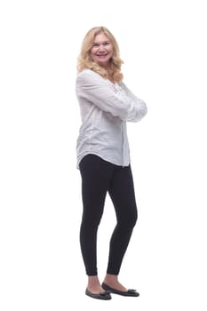 side view. smiling mature woman in a white blouse looking at you. isolated on a white background.