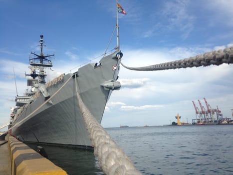 A warship is moored in the port of Odessa. Ukraine. High quality photo