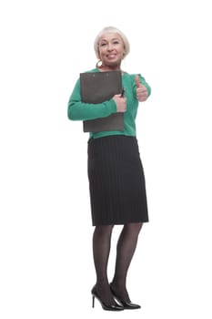 in full growth. smiling woman with clipboard. isolated on a white background.