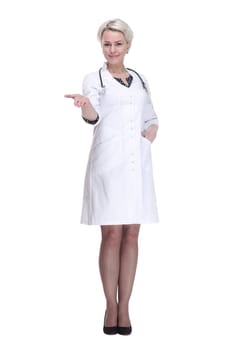 in full growth. portrait of a young woman doctor . isolated on a white background.