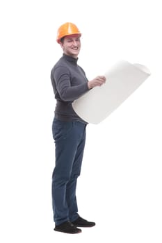 in full growth. confident male architect with drawings. isolated on a white background.