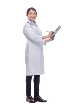 Smiling female doctor with stethoscope and clipboard looking at camera. Healthcare and medicine concept