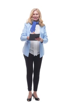 in full growth.Mature woman with clipboard . isolated on a white background.