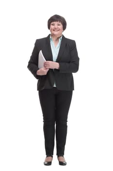Executive business woman with a digital tablet. isolated on a white background.