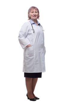 in full growth. female doctor with a stethoscope. isolated on a white background