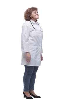 in full growth. qualified female doctor with a stethoscope. isolated on a white background