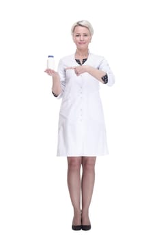 in full growth. female doctor holds a bottle of sanitizer. isolated on a white background.