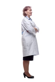 side view. female doctor looking at a white screen . isolated on a white