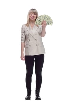in full growth. happy woman with banknote looking at you. isolated on white background.