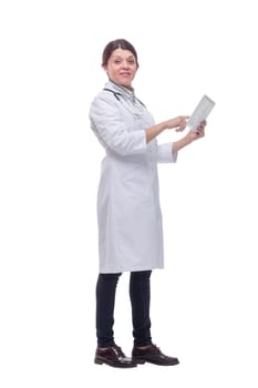 Side view of a doctor using a tablet computer - isolated over a white background
