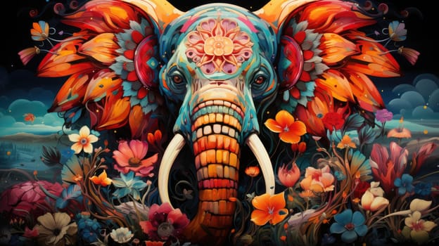 Indian elephant in floral pattern. Abstract art print. Elephant collected from different elements of floral pattern surrounded by romantic decorations of flowers. 