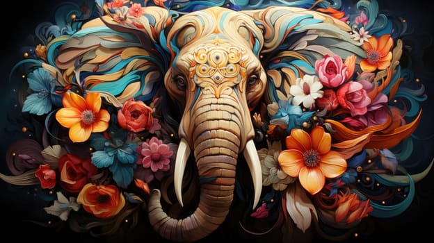 Indian elephant in floral pattern. Abstract art print. Elephant collected from different elements of floral pattern surrounded by romantic decorations of flowers. 