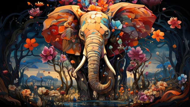 Indian elephant in floral pattern. Abstract art print. Elephant collected from different elements of floral pattern surrounded by romantic decorations of flowers. 