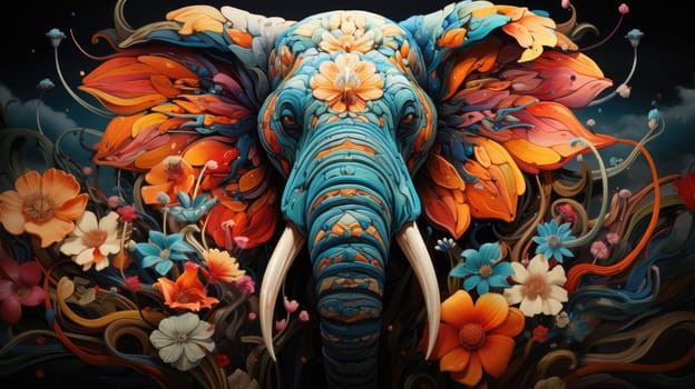 Indian elephant in floral pattern. Abstract art print. Elephant collected from different elements of floral pattern surrounded by romantic decorations of flowers. 