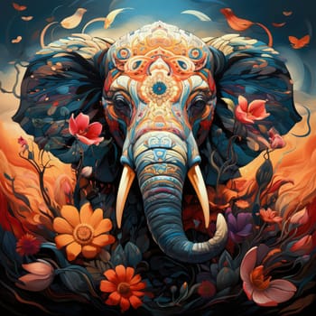 Indian elephant in floral pattern. Abstract art print. Elephant collected from different elements of floral pattern surrounded by romantic decorations of flowers. 