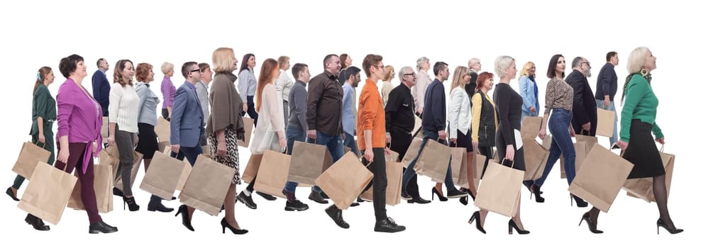 a group of people stand in line with shopping bags. isolated on white