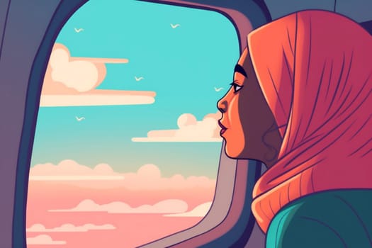 person woman travel passenger window traveler flight vacation sleep transport train muslim girl holiday journey plane seat trip character aeroplane transportation. Generative AI.