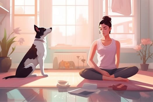 woman dog exercise illustration relax health indoor exercising happy home character position body training fitness lifestyle cat meditation sport yoga cartoon. Generative AI.