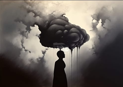 woman man concept poster dramatic idea human imagination drawing black cloud folded young head expression galaxy creative abstract dream arms portrait person. Generative AI.