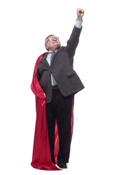 in full growth. business man in a superhero raincoat. isolated on a white background.