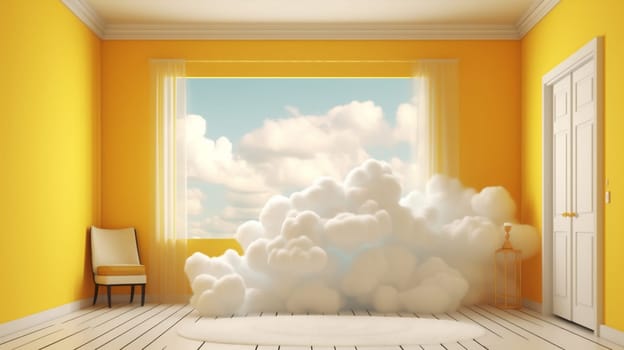 mockup cloud 3d minimal heaven white sky door weather room isolated showcase stage wall yellow pedestal abstract space blank cylinder. Generative AI.