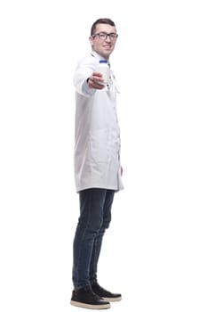 doctor with antiseptic in hand. isolated on a white background.