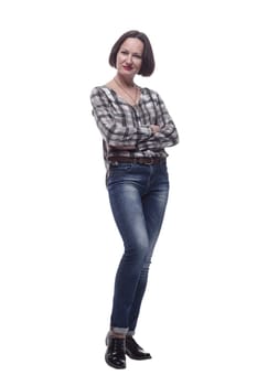 in full growth.stylish mature woman in a checked shirt looking at the camera. isolated on a white background.