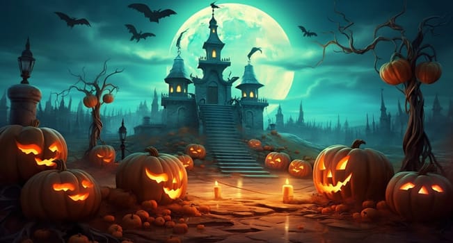 backdrop autumn grave tombstone halloween moon night forest creepy art concept pumpkin scary cemetery holiday horror celebration landscape dark bat. Generative AI.