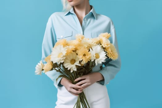 woman hand rose flower valentine blossom bouquet white person romance yellow present hold floral sweater blue romantic pink natural green holding. Generative AI.