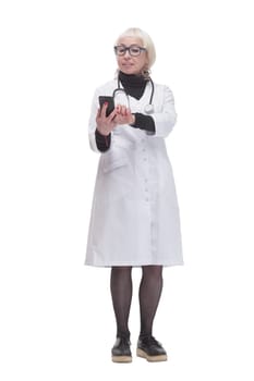 in full growth. female doctor with clipboard. isolated on a white background.