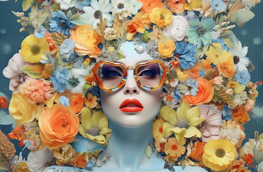 young woman elegance dream person trend rose poster flower femininity face art imagination abstract trendy fashion portrait collage hipster fantasy design. Generative AI.