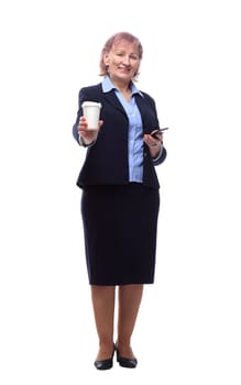 in full growth. modern business woman with takeaway coffee. isolated on a white background