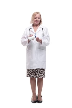full-length. female doctor with sanitizer in hand. isolated on a white background.