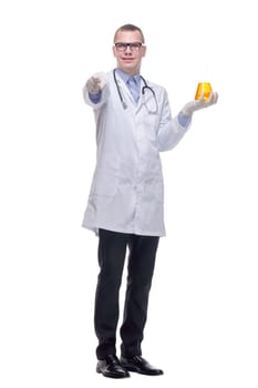 Confident man doctor wearing unifrom and glasses standing isolated over white background, holding beakers