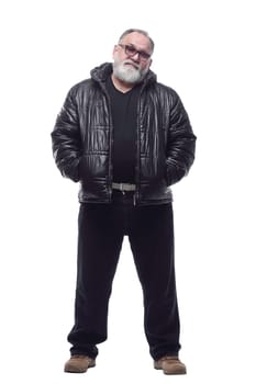 in full growth. modern bearded man in a winter jacket. isolated on a white background.