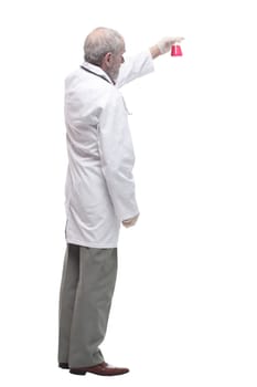 elderly competent doctor with a laboratory flask in his hands. isolated on a white background.