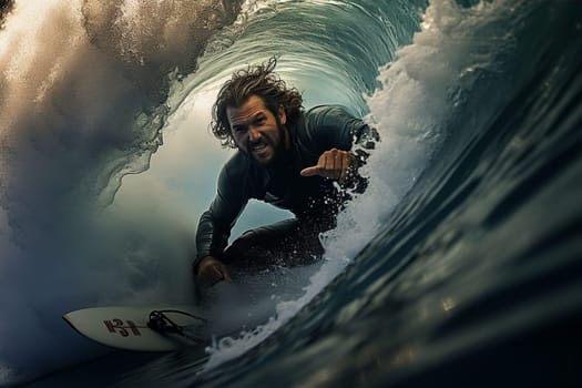Male athlete riding inside big wave on surf. Surfing concept. AI generated