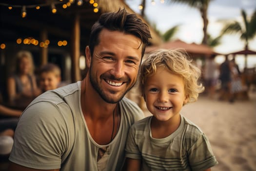 Portrait of happy father and little son on vacation. Happy parenting concept. AI generated