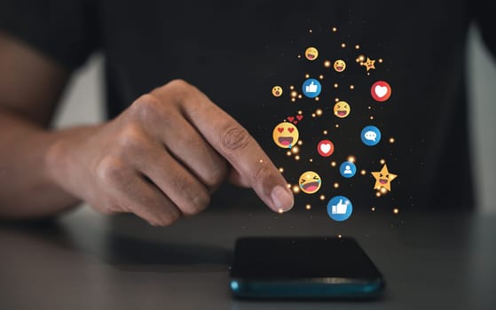 Social media communication and web connection. man holding smartphone with digital banner and application icon. Social Distancing and Working From Home