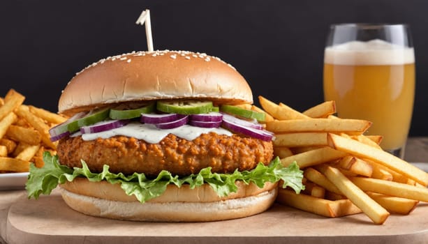 A close-up shot of a crispy fried chicken sandwich with red onion and lettuce, served on a soft bun with a side of golden French fries. The sandwich is placed on a brown paper liner, and the fries are piled high next to it. The background is a blurred image of a wooden table.