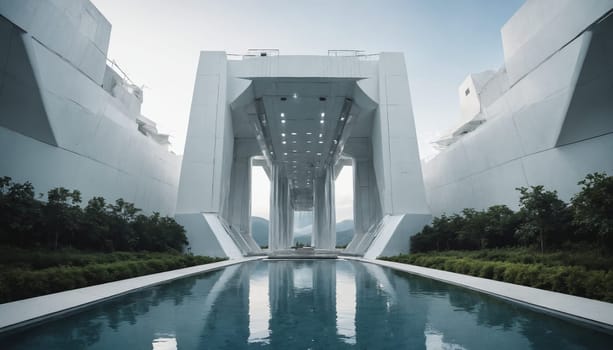 A modern, minimalist structure with a central cascading waterfall and a reflecting pool, surrounded by lush greenery. The architecture features white walls and glass railings, creating a sense of openness and tranquility. The scene evokes a feeling of peace and serenity, offering a sanctuary amidst natures beauty.