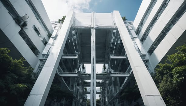 A modern pool, situated beneath a white, glass-covered structure, offers a tranquil escape from the hustle and bustle of the city. Lush greenery frames the perimeter, creating a peaceful ambiance. The natural light filtering through the glass roof casts a soft glow upon the waters surface.