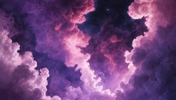 A breathtaking view of a nighttime sky filled with vibrant, ethereal clouds in shades of pink and purple, illuminated by a faint light, creating a dreamy and magical atmosphere.