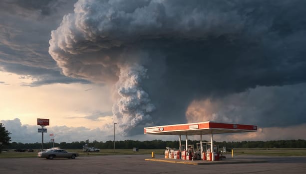 A lone gas station sits on an empty lot, with a single car parked nearby. The sky above is dominated by dark, dramatic clouds, suggesting an impending storm. The setting sun casts a warm glow on the scene, creating a striking contrast between the light and dark.
