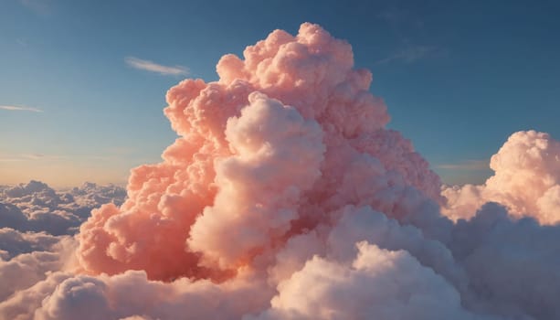 A breathtaking aerial view captures a stunning panorama of fluffy white clouds illuminated by the warm glow of the setting sun, creating a dreamy landscape of pastel pink hues. The clouds appear to be floating above a vast expanse of fluffy white clouds, creating a sense of peace and tranquility.