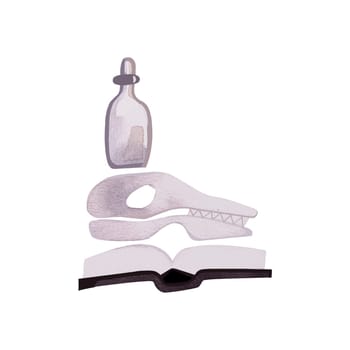 A witch's attributes: a book, a skull and a bottle of potion. Isolated watercolor illustration on a white background for Halloween design