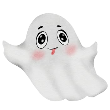 Cute ghost watercolor. Hand drawn kawaii monster. Clip art of the face of a typical ghost isolated on a white background. Ideal for decorating invitations and cards for Halloween. High quality illustration