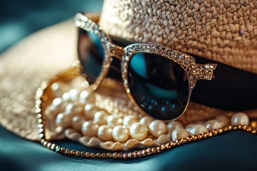 Glamorous sunglasses with rhinestones, pearl necklace, and straw hat on teal silk background.