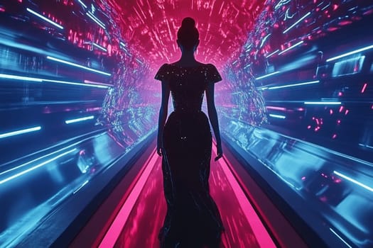 Silhouette of a woman in an elegant dress walking through a tunnel of vibrant neon lights.