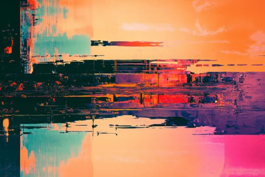 Vibrant abstract digital artwork depicting a cityscape with reflections at sunset.
